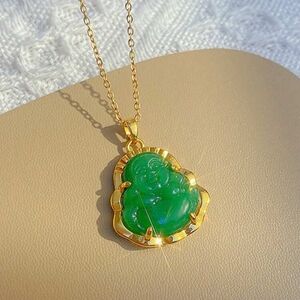 Gold and Green Buddha Pendant Necklace Very Cute 8-10” NWT